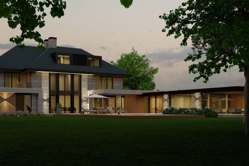 Achteraanzicht van moderne villa in de avond met zwembad. Villa ontwerpen met Lichtenberg Exclusieve Villabouw.