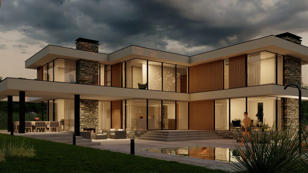Impressie villa bouwen met buitenverlichting voor accent op architectuur lichtenberg villabouw