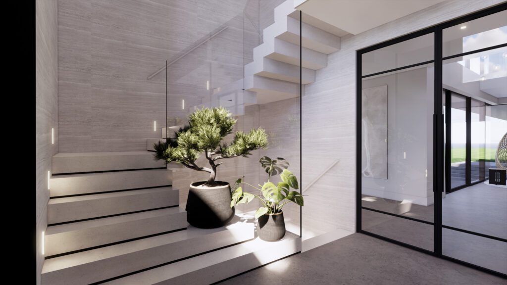 Interieur ontwerp villa bouwen met accentverlichting op trap lichtenberg villabouw