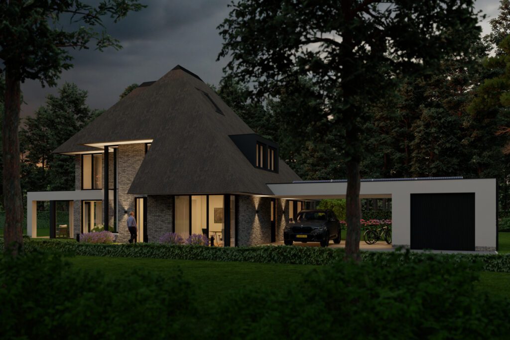 Impressie rietgedekte villa bij nacht ontworpen door Lichtenberg Villabouw