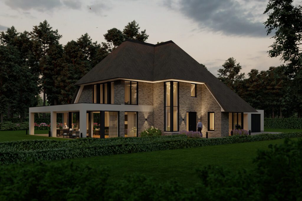 Impressie rietgedekte villa bij nacht ontworpen door Lichtenberg Villabouw