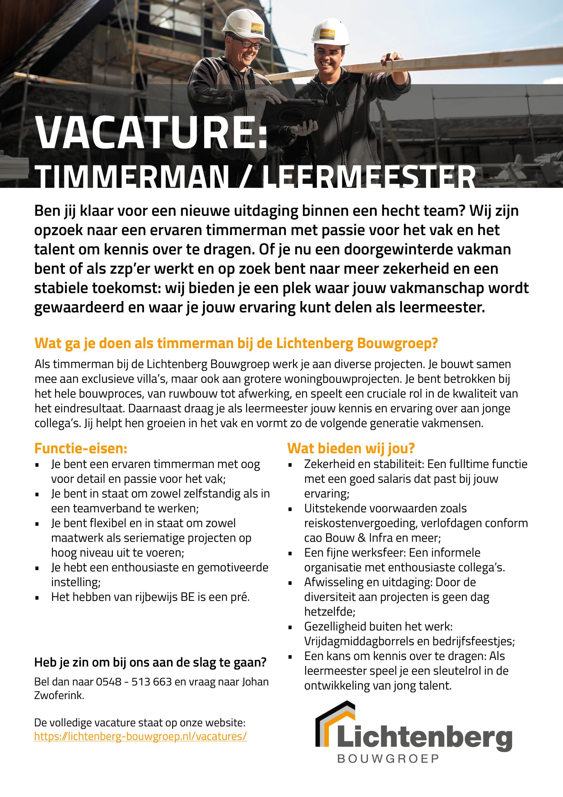 Vacature Lichtenberg Bouwgroep - Timmerman Leermeester Timmerlieden